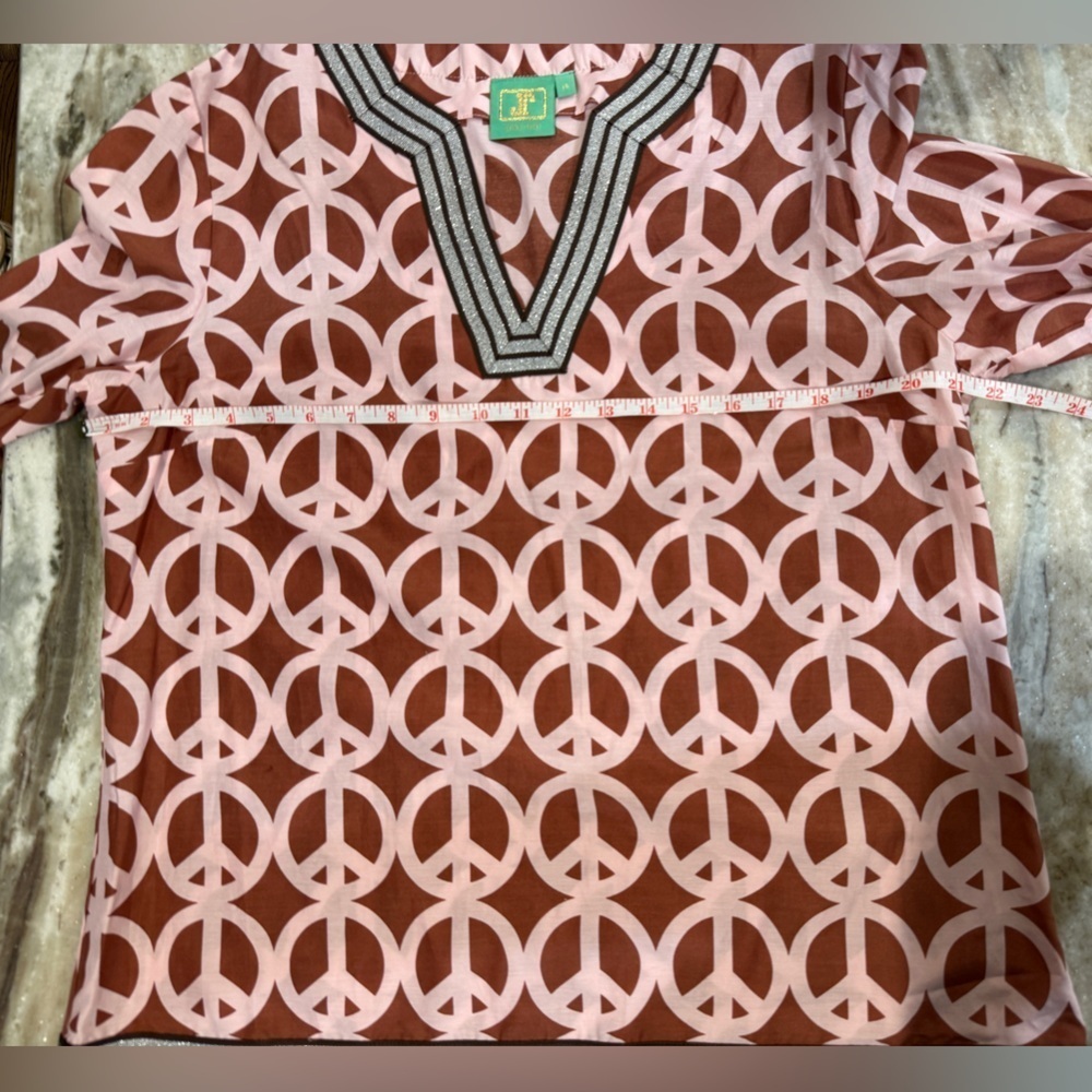 Women’s JULES REID Brown and pink peace sign printed tunic top- Size 14 - Picture 5 of 6